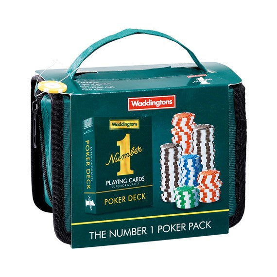 Teal zippered travel case for a Waddingtons poker set with graphics of a deck of cards and colorful poker chips.