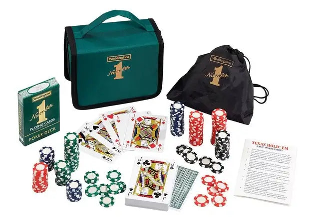 Green zippered case, black drawstring bag, colorful stacks of poker chips, playing cards, and instructions.
