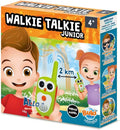Orange toy box featuring cartoon kids and bright green owl-shaped walkie-talkies with a 2km range icon.
