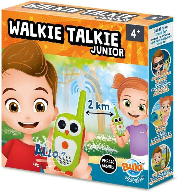 Orange toy box featuring cartoon kids and bright green owl-shaped walkie-talkies with a 2km range icon.