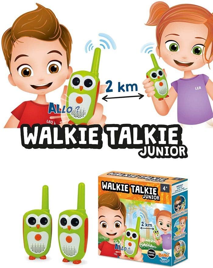 Green owl-shaped walkie talkies beside an orange box with cartoon illustrations and a 2km range indicator.