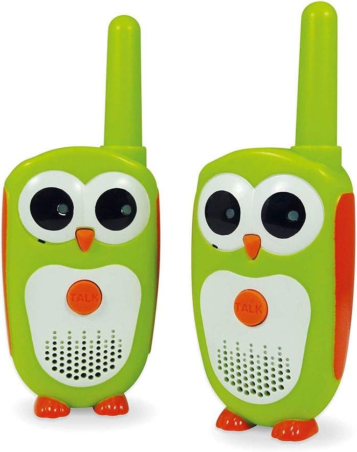Pair of bright green and orange owl-shaped walkie-talkies with large eyes and central orange talk buttons.