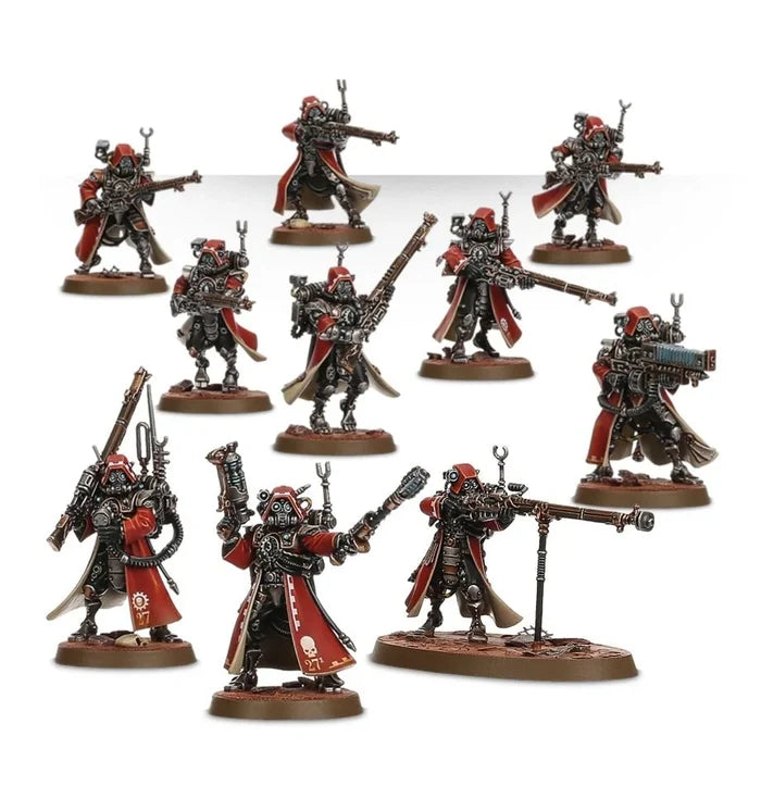 Ten painted tabletop miniatures in red hooded robes and metallic armor with long rifles on brown textured bases.