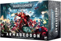 Rectangular game box featuring a red armored warrior fighting green orcs in a dark, fiery futuristic battle.
