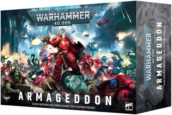 Rectangular game box featuring a red armored warrior fighting green orcs in a dark, fiery futuristic battle.