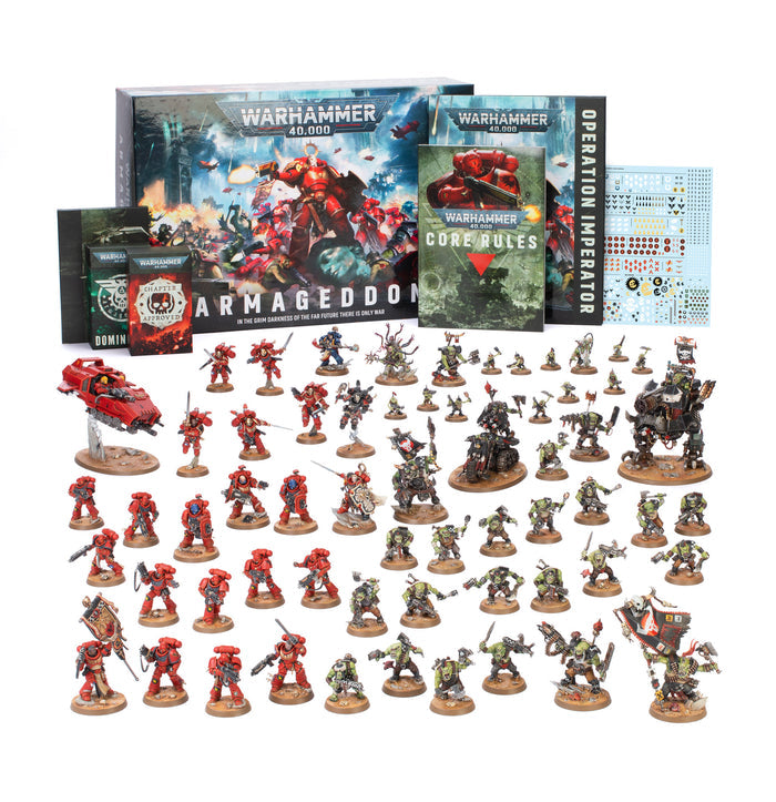 Dozens of red and green painted miniatures, rulebooks, cards, and decals with a large illustrated battle scene box.