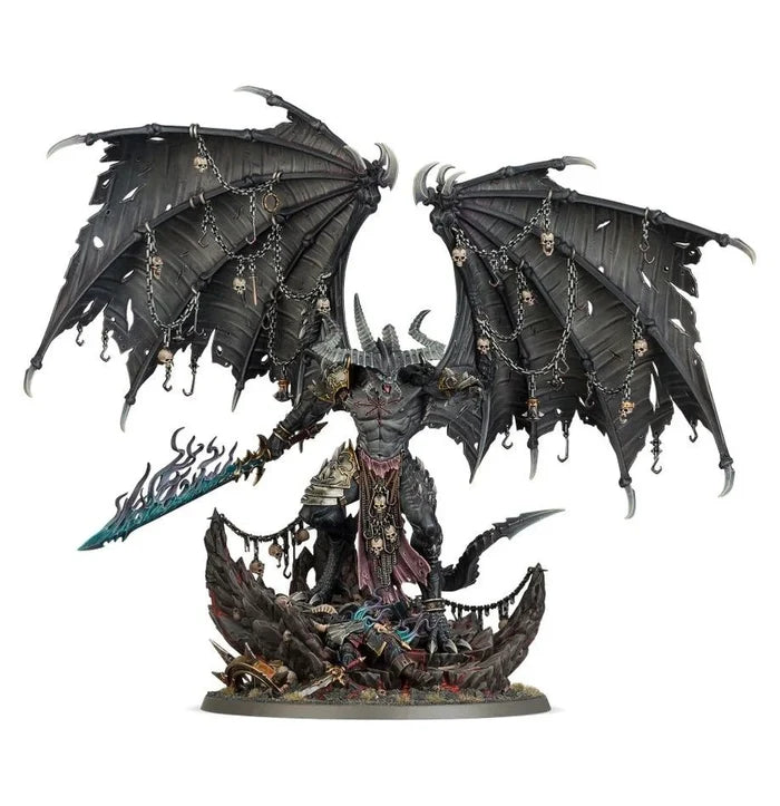 Dark gray winged demon miniature with hanging chains and a glowing blue sword on a rocky base with skulls.