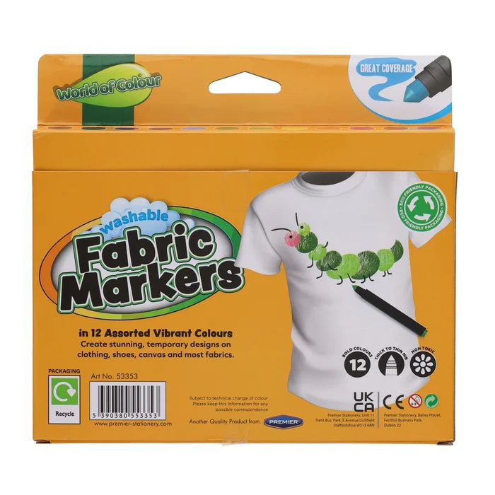 Orange box of 12 washable fabric markers featuring a colorful caterpillar drawing on a white t-shirt graphic.
