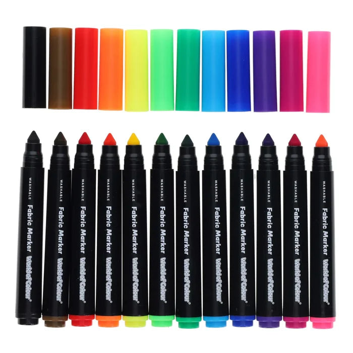Twelve fabric markers with black barrels and vibrant colored tips, with matching caps above on a white background.