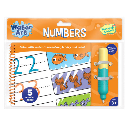 Orange spiral activity book for tracing numbers and animals, with a refillable yellow and teal water brush pen.
