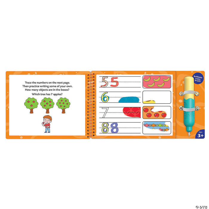 Open spiral-bound water art book featuring number tracing activities and an included refillable water brush pen.