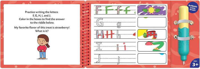 Red spiral activity book with letter tracing F-J and hidden art revealed by an included blue and yellow water pen.