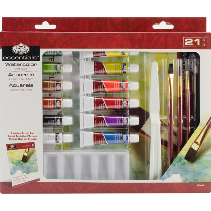 21-piece watercolor art set in a red box with 12 paint tubes, three brushes, a palette knife, and a mixing tray.