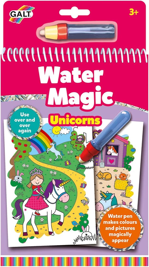 Pink spiral activity book with a blue water pen. Cover shows a princess on a white unicorn near a vibrant rainbow.