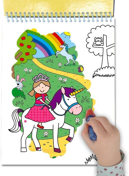 Child's hand uses a water pen to reveal colors on a unicorn and princess activity page in a spiral-bound book.