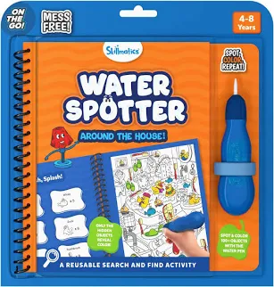 Skillmatics orange and blue spiral-bound activity book with a chunky blue water pen in retail packaging.