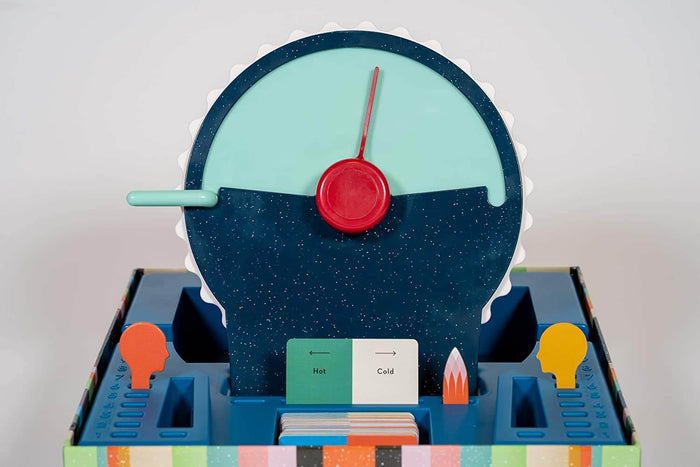Teal and blue circular game dial with a red needle, set in a box with orange and yellow head-shaped player tokens.