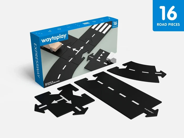 Waytoplay Expressway blue box and flexible black rubber road pieces with white markings and arrow-shaped connectors.