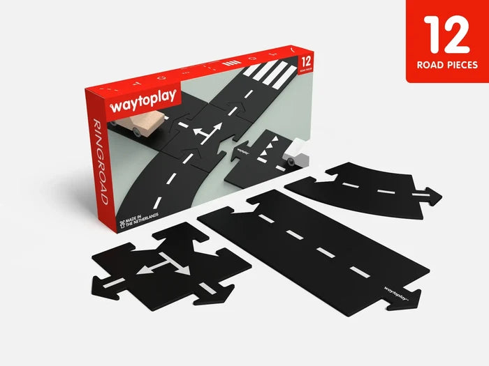 12 flexible black road pieces with white markings shown alongside a red Waytoplay Ringroad product box.
