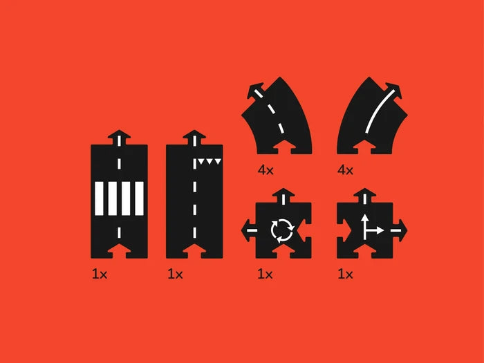 12 black puzzle-piece toy road segments with white markings and quantities shown on a bright orange background.