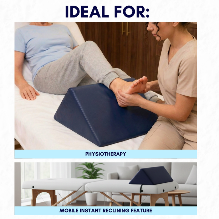Navy blue wedge bolster massage cushion used for physiotherapy with text indicating its use in physiotherapy and mobile instant reclining feature.