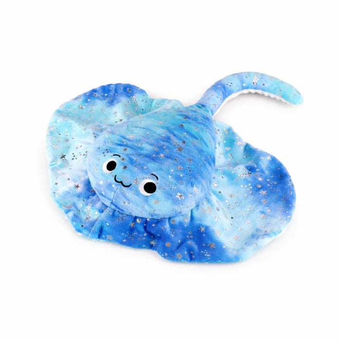 Blue stingray plush with silver stars and moons, a cute face, and a long tail on a white background.