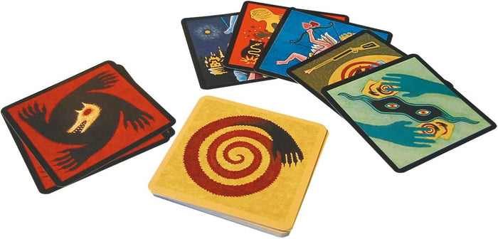 Square cards with stylized folk-art illustrations of werewolves and characters in bold red, yellow, and blue colors.