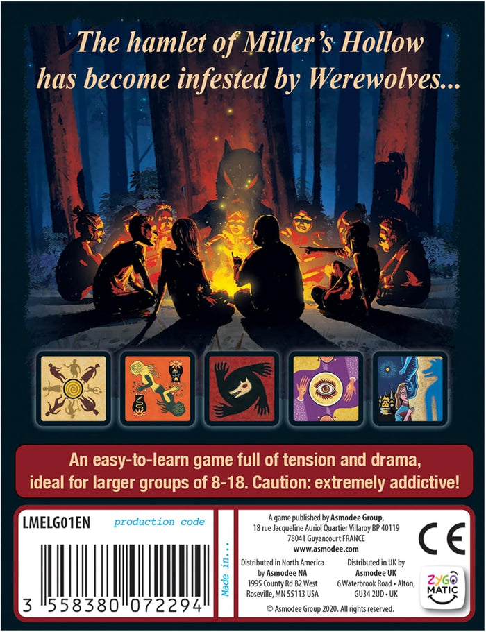 Back of game box showing a campfire scene with werewolf shadows, game icons, and a red banner with player count info.