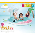 Inflatable blue whale pool with a large tail and pink underside. Children play inside on its illustrated packaging.