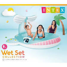 Inflatable blue whale pool with a large tail and pink underside. Children play inside on its illustrated packaging.