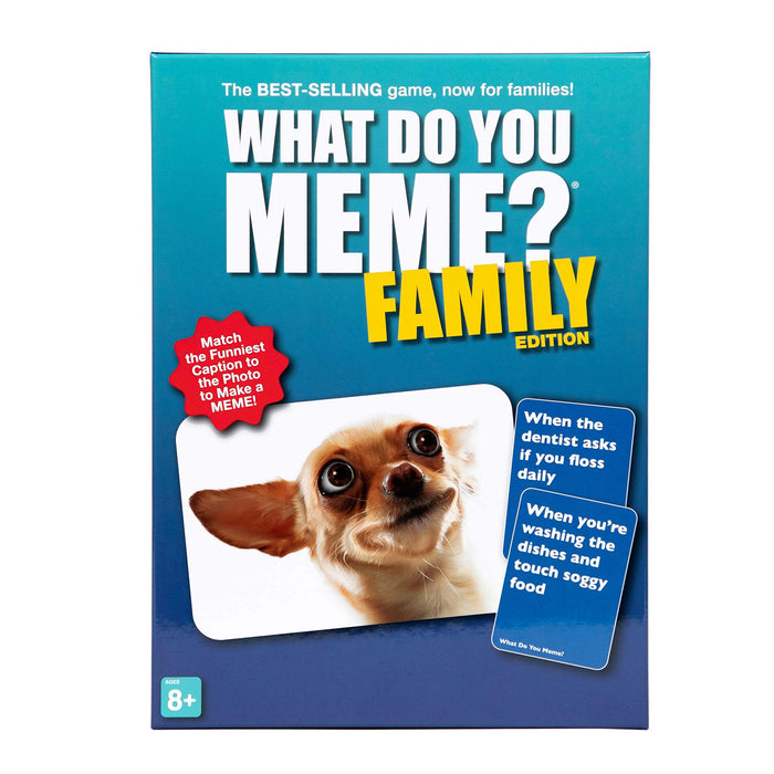 Teal blue game box featuring a funny wide-eyed chihuahua photo, caption cards, and bold white and yellow lettering.
