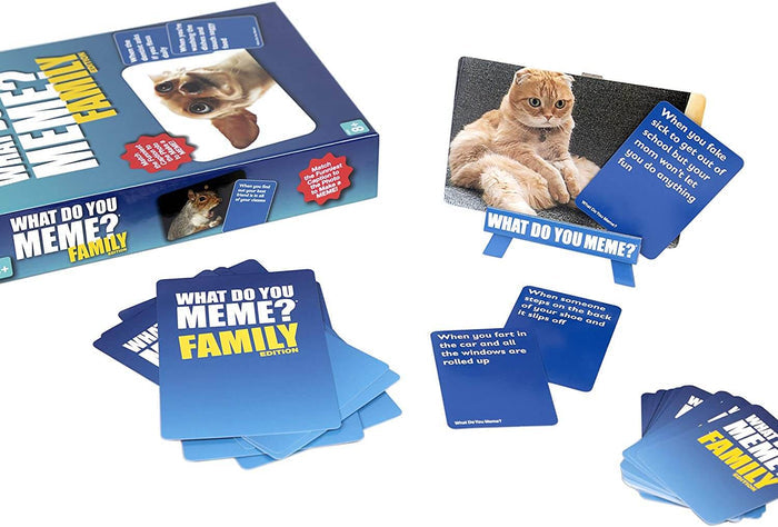 Blue What Do You Meme Family Edition box with funny animal photo cards and blue caption cards.