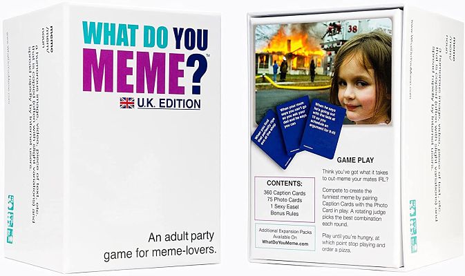 Front and back of white What Do You Meme? U.K. Edition box with blue and purple text and sample meme card images.