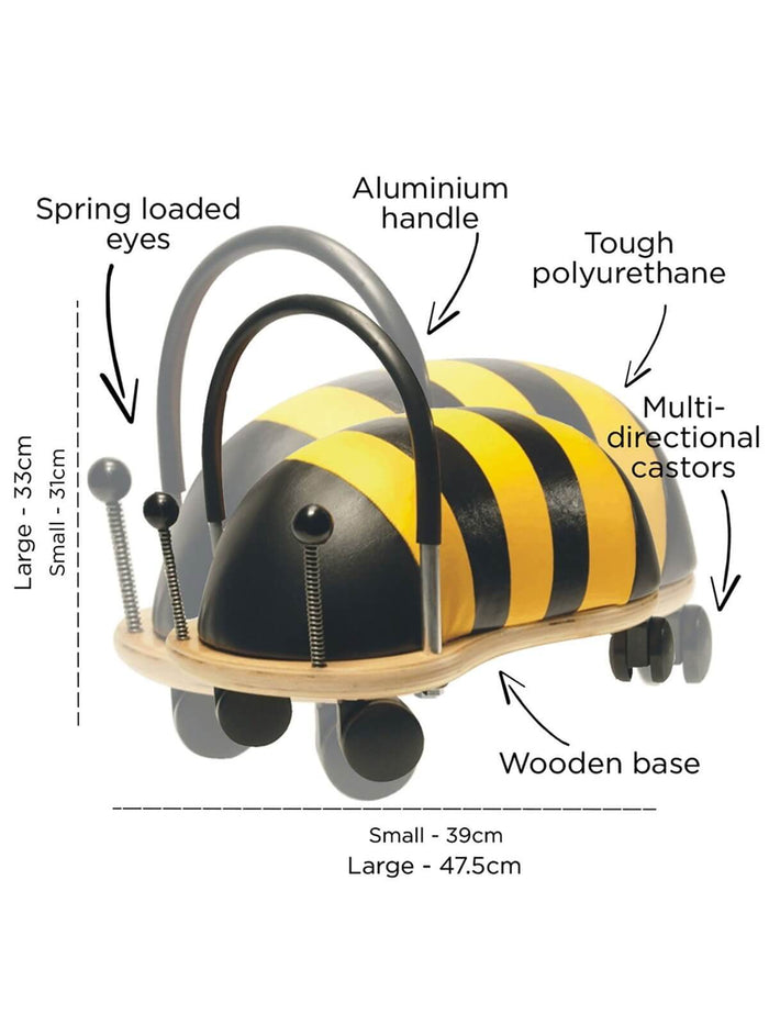 Yellow and black striped bee ride-on toy with a curved handle, wooden base, and springy antennae.