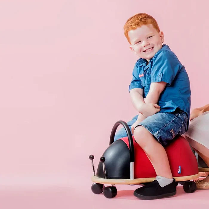 Boy sitting on a rounded red and black ladybug ride-on toy with wheels and a wooden base on a pink background.