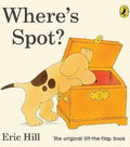 Cover of Where's Spot? book showing a yellow puppy with a brown spot looking into an open wooden chest.