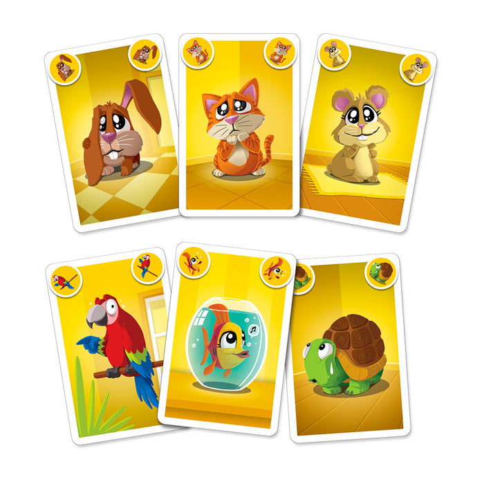 Six colorful game cards featuring cartoon illustrations of a rabbit, cat, hamster, parrot, fish, and turtle.