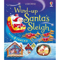Blue book cover with Santa and reindeer. A red wind-up toy sleigh is visible in a clear circular plastic window.