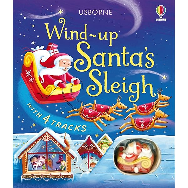 Blue book cover with Santa and reindeer. A red wind-up toy sleigh is visible in a clear circular plastic window.