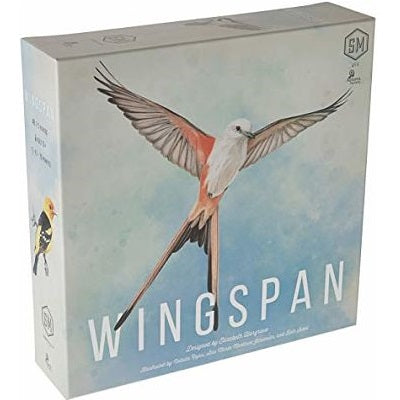 Square board game box featuring a large bird in flight against a soft blue sky with large white text at the bottom.