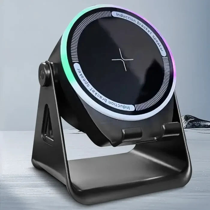 Wireless Induction Speaker with Bluetooth-compatible Speaker in sleek black design with multi-color light ring.