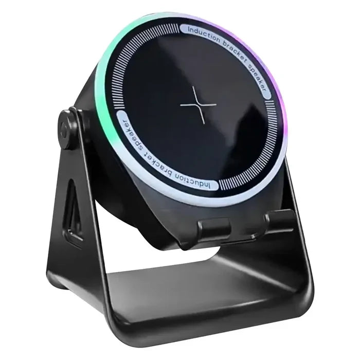 Wireless Induction Speaker with Bluetooth-compatible Speaker displayed on a stand with colorful LED lights.