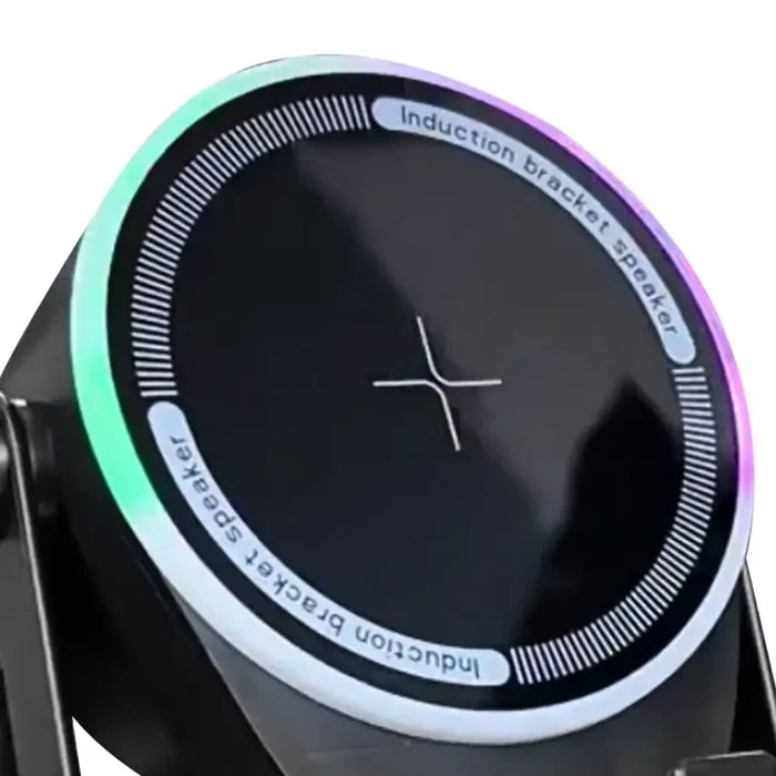 Wireless Induction Speaker with Bluetooth-compatible Speaker close-up showing induction bracket design and colorful light ring.