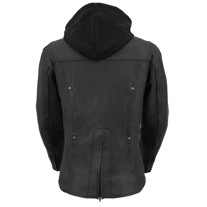 Women Black 3/4 Hooded Leather Jacket with Side Stetch Fit