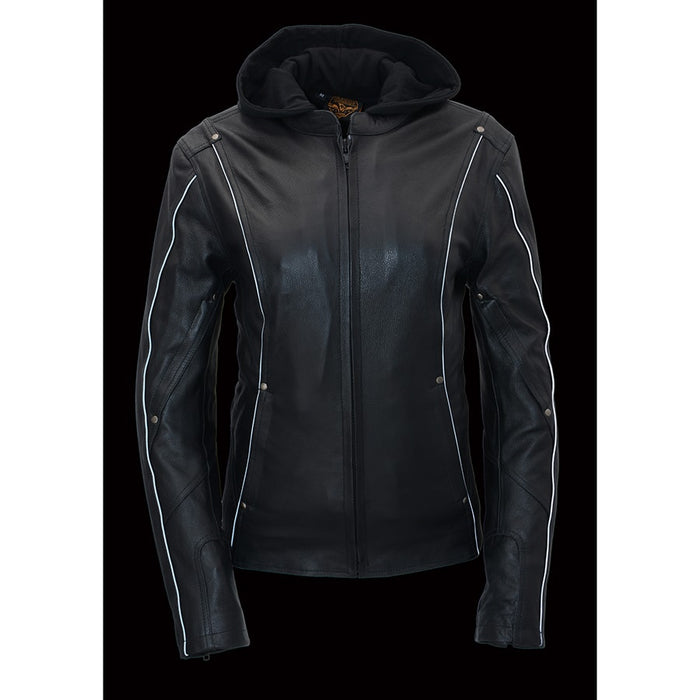 Women Black 3/4 Hooded Leather Jacket with Side Stetch Fit