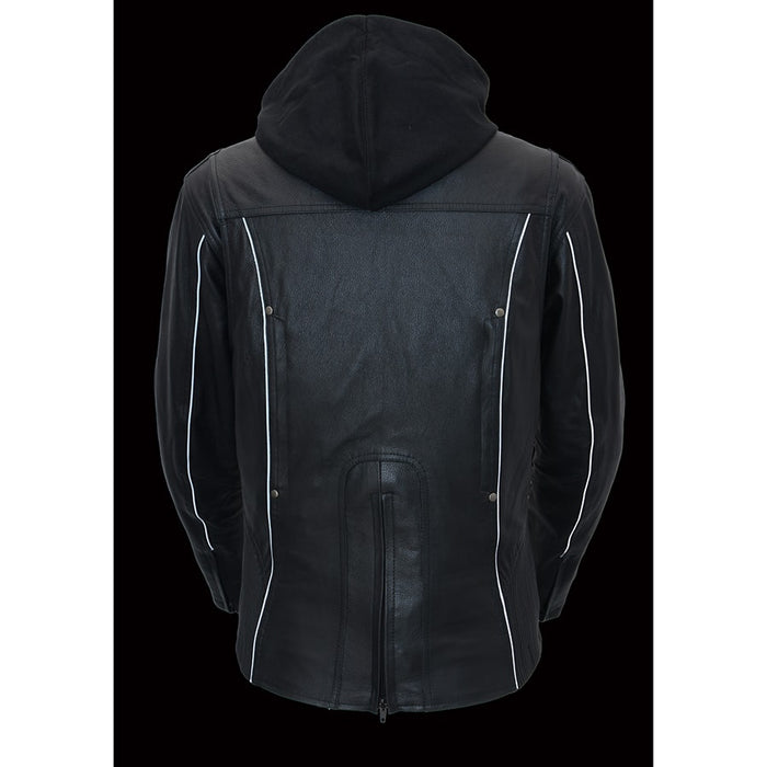 Women Black 3/4 Hooded Leather Jacket with Side Stetch Fit
