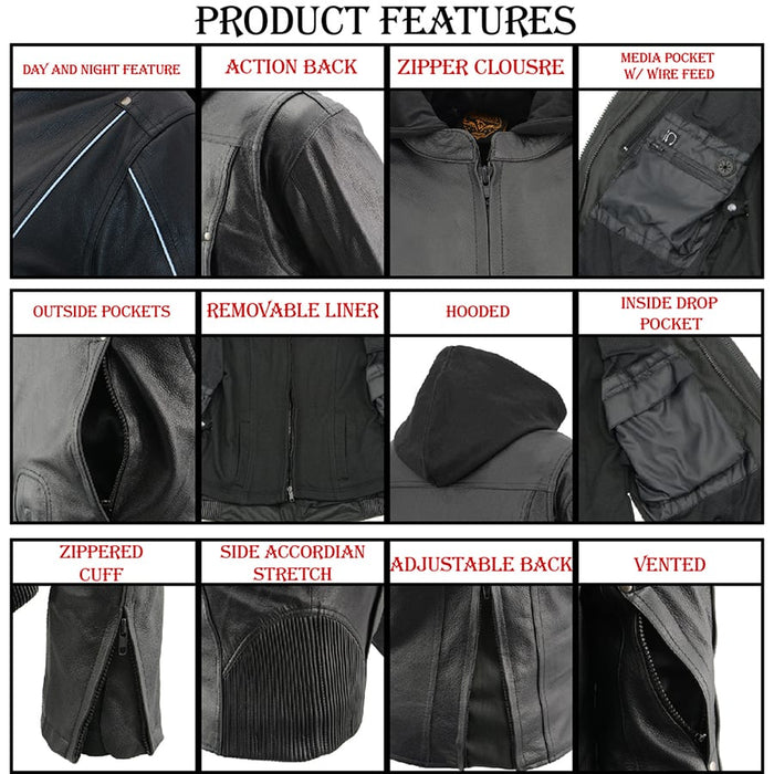 Women Black 3/4 Hooded Leather Jacket with Side Stetch Fit
