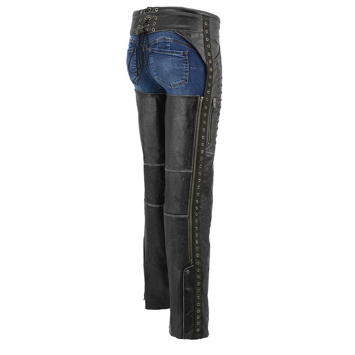 Women Distressed Black Beltless Leather Chaps with Lace & Star Accents