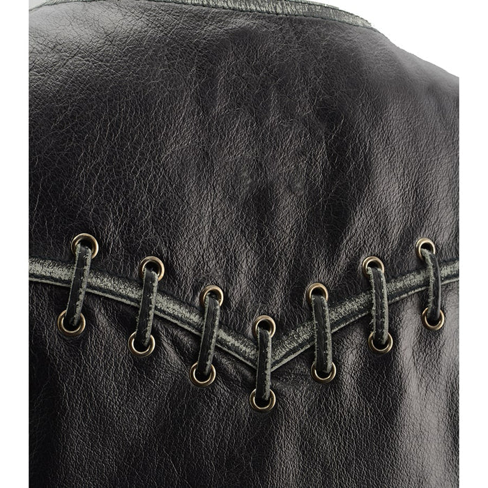 Women Distressed Black Leather Vest with Lace & Star Accents