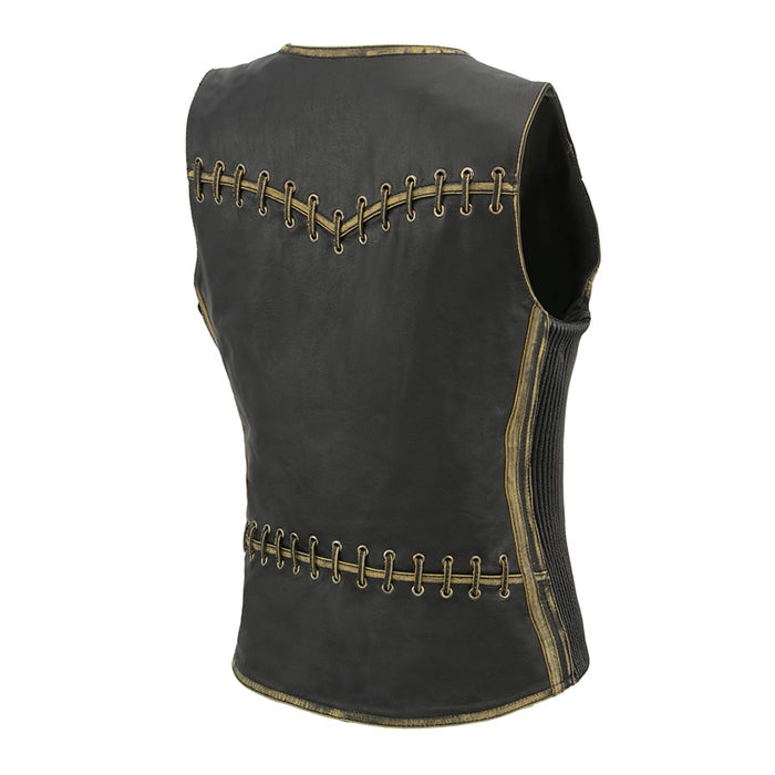 Women Distressed Brown Leather Vest with Lace & Star Accents
